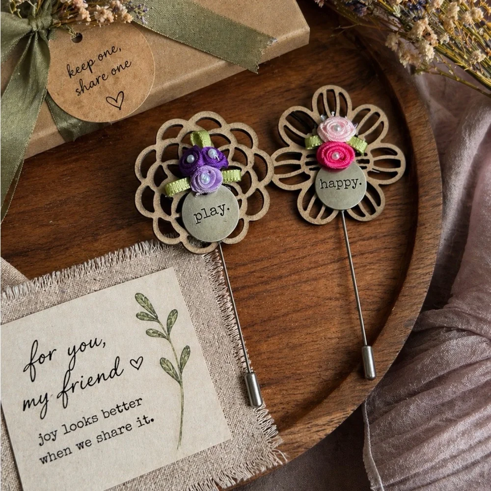 Artisan Friendship Pins Set Play Happy Shareable Gift Pair Floral